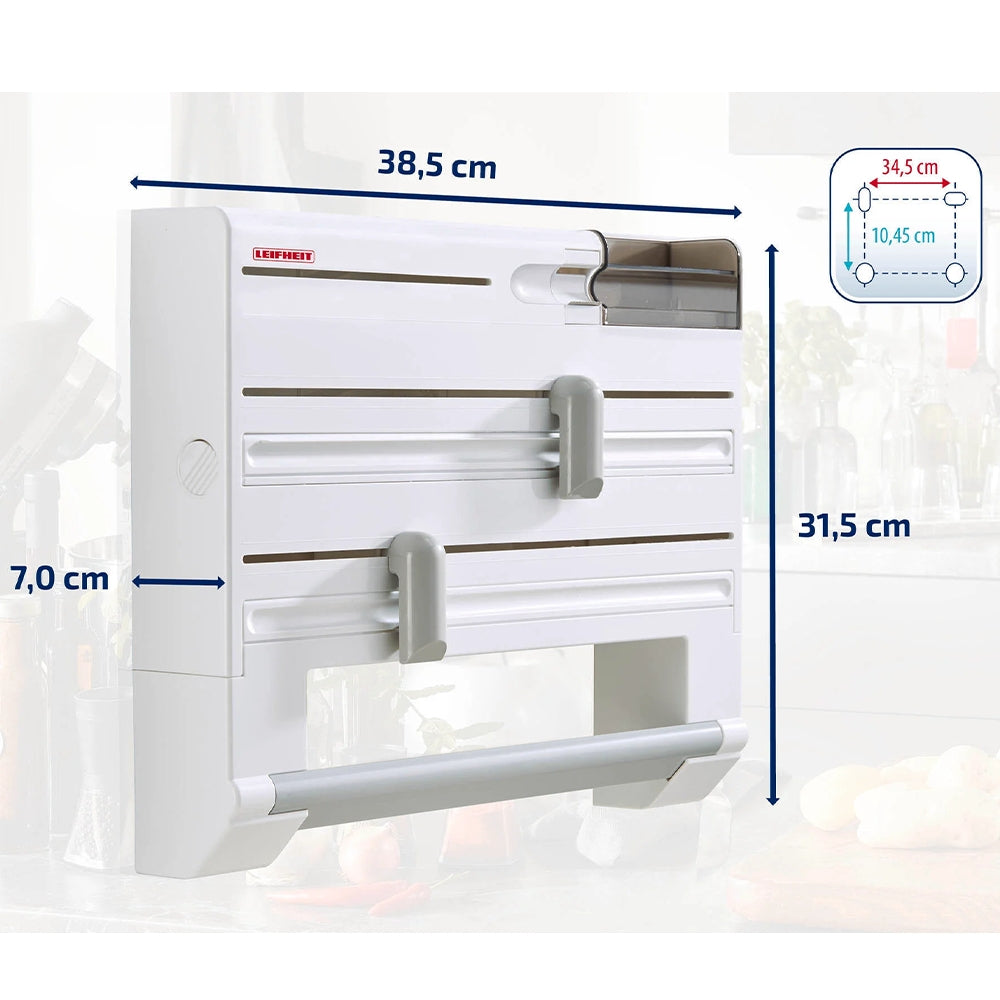 Dispenser Portarotoli Multifunzione da Parete con Taglio Sicuro e Triplo Scomparto