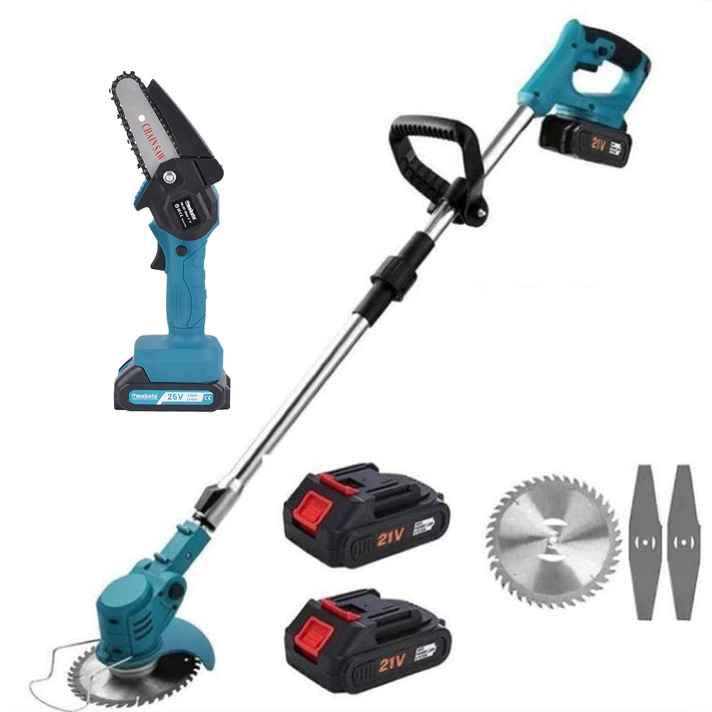 Decespugliatore a Batteria e Mini Motosega 26V - Set Giardinaggio Elettrico 2 in 1