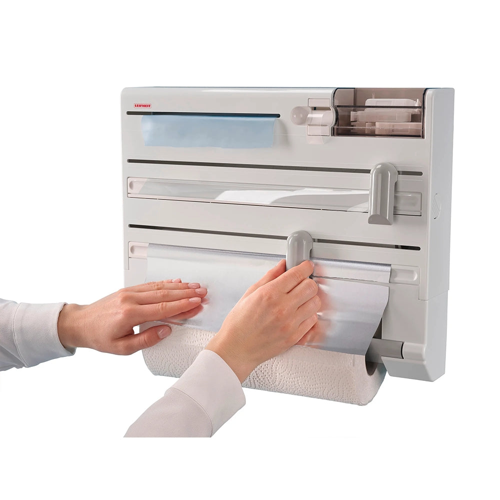 Dispenser Portarotoli Multifunzione da Parete con Taglio Sicuro e Triplo Scomparto