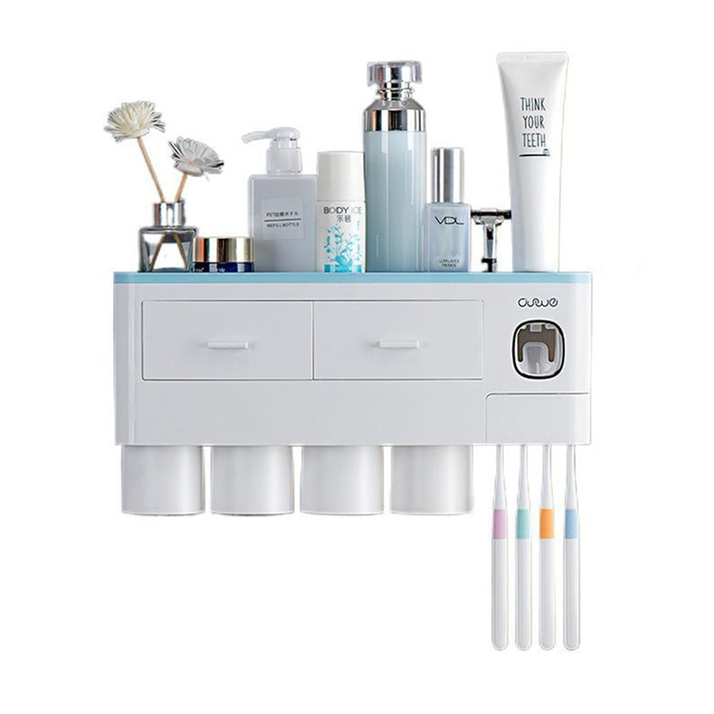 Portaspazzolino da Parete Magnetico con Dispenser, Cassetto e 4 Tazze