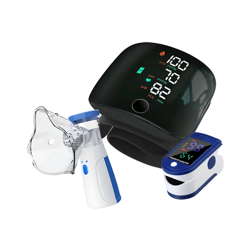 Kit Sanitario 3 in 1 Saturimetro, Misuratore Pressione da Polso e Nebulizzatore Portatile