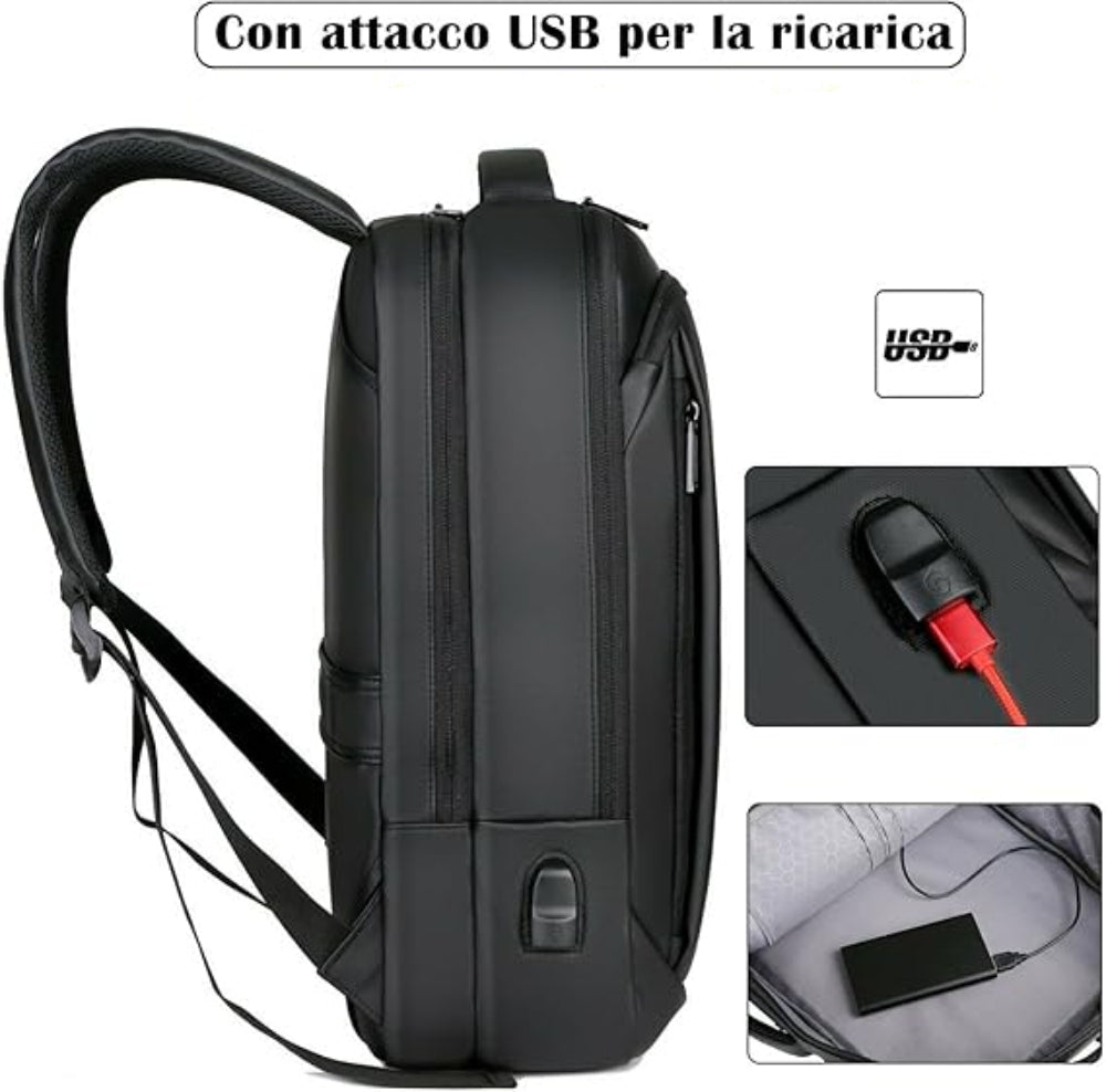 Interno dello zaino con vari scomparti organizzati per laptop, libri e accessori