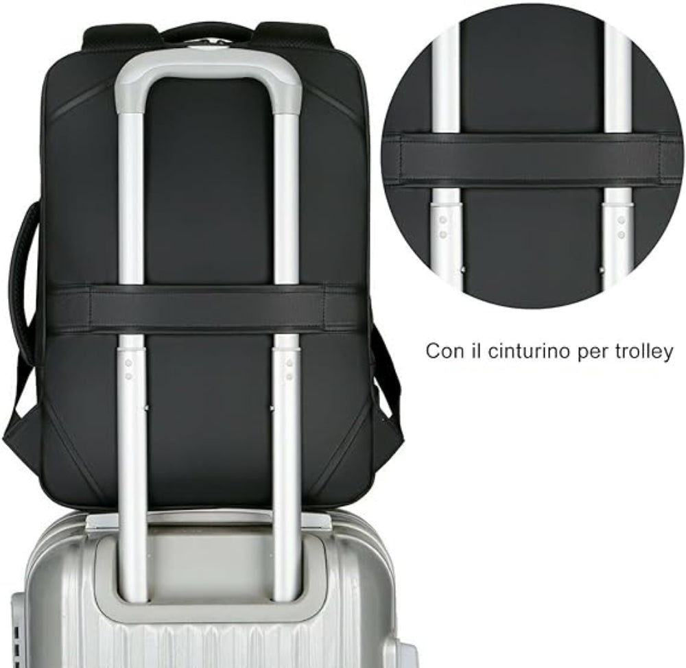 Persona che indossa lo zaino impermeabile durante un viaggio d’affari